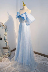 A Line Prom Dress Tulle Sequin Blue Long Formal Dress Evening Dress