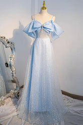 A Line Prom Dress Tulle Sequin Blue Long Formal Dress Evening Dress