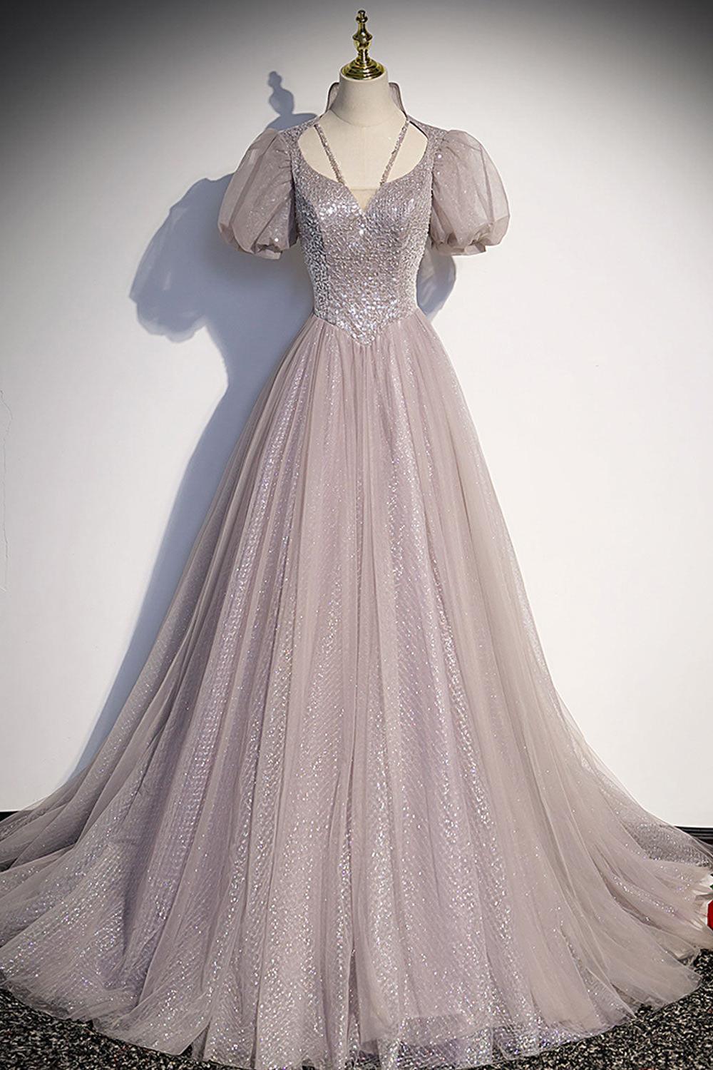 A Line Prom Dress Tulle Sequin Long Formal Party Dress Evening Dress