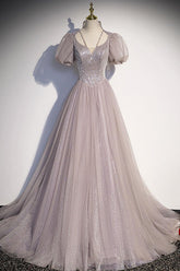 A Line Prom Dress Tulle Sequin Long Formal Party Dress Evening Dress