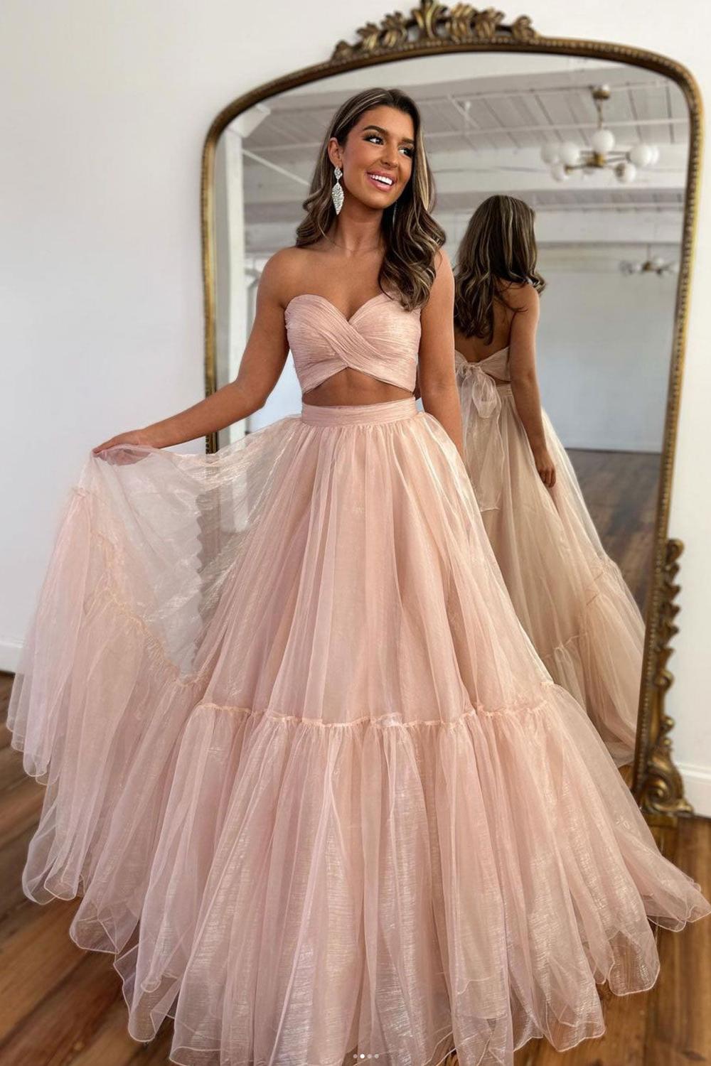 A Line Prom Dress Two Piece Tulle Pink Long Formal Evening Dress