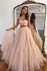 A Line Prom Dress Two Piece Tulle Pink Long Formal Evening Dress