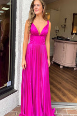 A Line Prom Dress V Neck Fuchsia Pleated Long Evening Dress