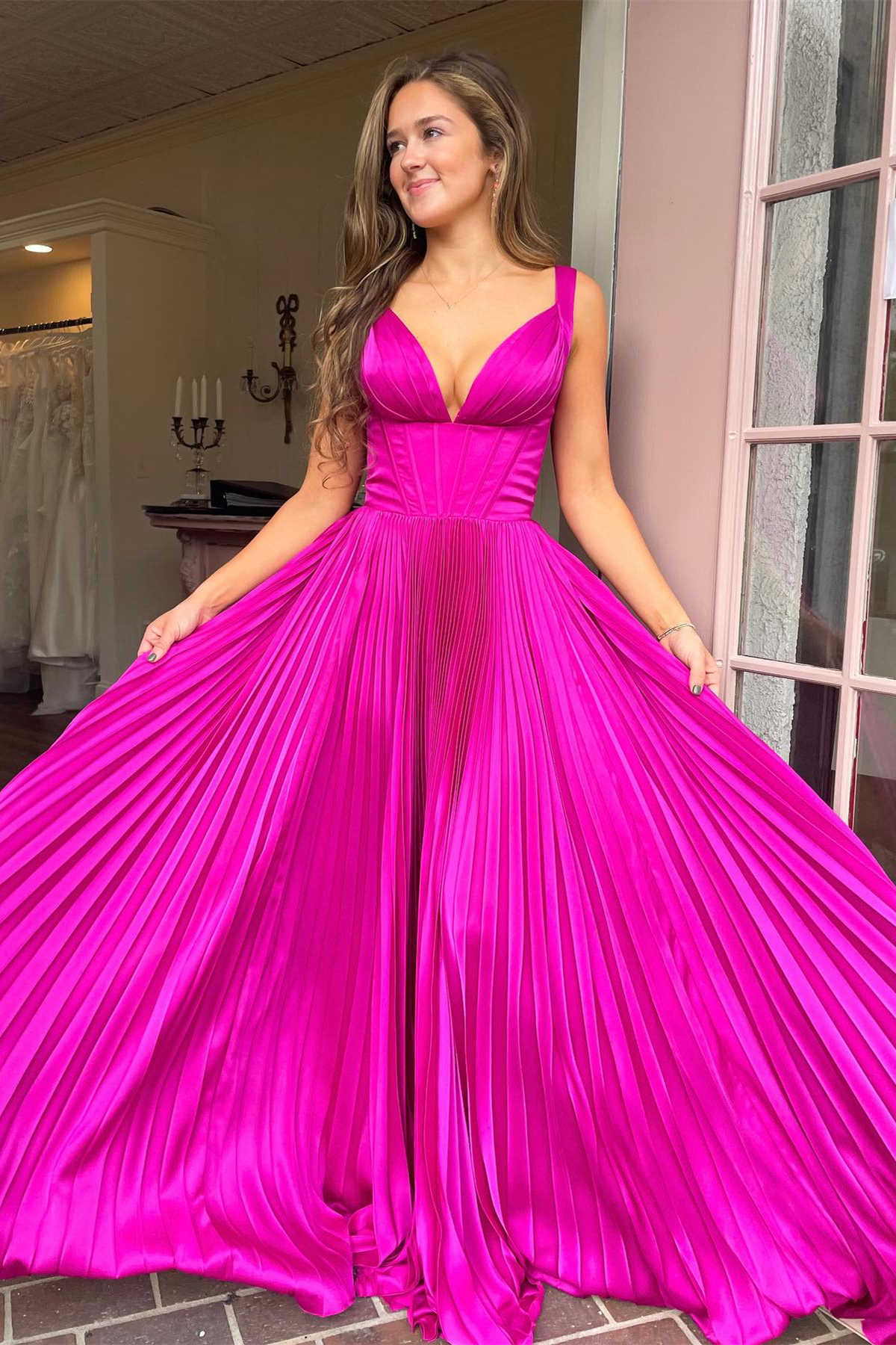 A Line Prom Dress V Neck Fuchsia Pleated Long Evening Dress