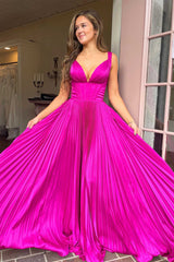 A Line Prom Dress V Neck Fuchsia Pleated Long Evening Dress