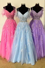 A Line Prom Dress V Neck Lace Tulle Evening Dress with Beading and Feathers