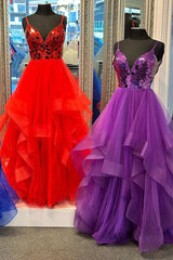A Line Prom Dress V Neck Mirror Cut Sequin Ruffle Layers Long Evening Dress