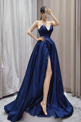 A Line Prom Dress V Neck Satin Dark Blue Long Evening Dress