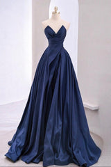 A Line Prom Dress V Neck Satin Dark Blue Long Evening Dress