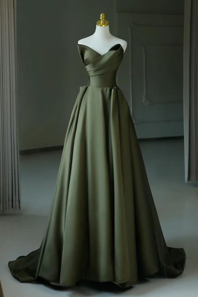 A Line Prom Dress V Neck Satin Green Long Formal Evening Dress