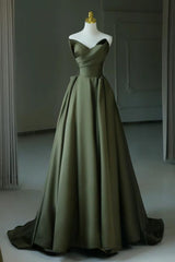 A Line Prom Dress V Neck Satin Green Long Formal Evening Dress