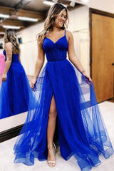 A Line Prom Dress V Neck Tulle Blue Long Formal Dress Evening Dress