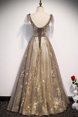 A Line Prom Dress V Neck Tulle Sequin Long Formal Evening Dress