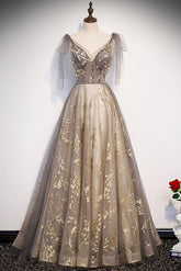 A Line Prom Dress V Neck Tulle Sequin Long Formal Evening Dress