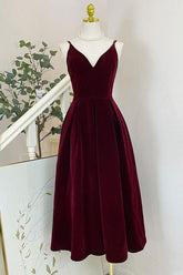 A Line Prom Dress V Neck Velvet Burgundy Tea Length Formal Dress Evening Dress