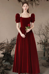 A Line Prom Dress Velvet Burgundy Long Formal Dress Evening Dress