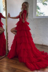 A Line Prom Red V-Neck Tiered Tulle Long Evening Dress with Slit