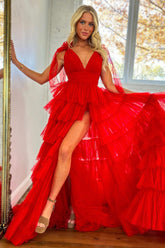 A Line Prom Red V-Neck Tiered Tulle Long Evening Dress with Slit