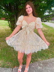 Dressystars A-Line Puff Sleeves Short Tulle Homecoming Dress With Bowknot