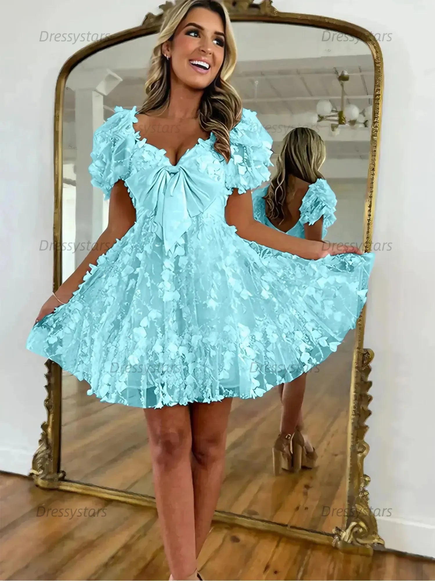 Dressystars A-Line Puff Sleeves Short Tulle Homecoming Dress With Bowknot