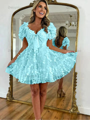 Dressystars A-Line Puff Sleeves Short Tulle Homecoming Dress With Bowknot