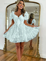 Dressystars A-Line Puff Sleeves Short Tulle Homecoming Dress With Bowknot