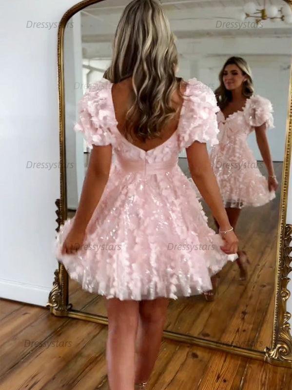 Dressystars A-Line Puff Sleeves Short Tulle Homecoming Dress With Bowknot
