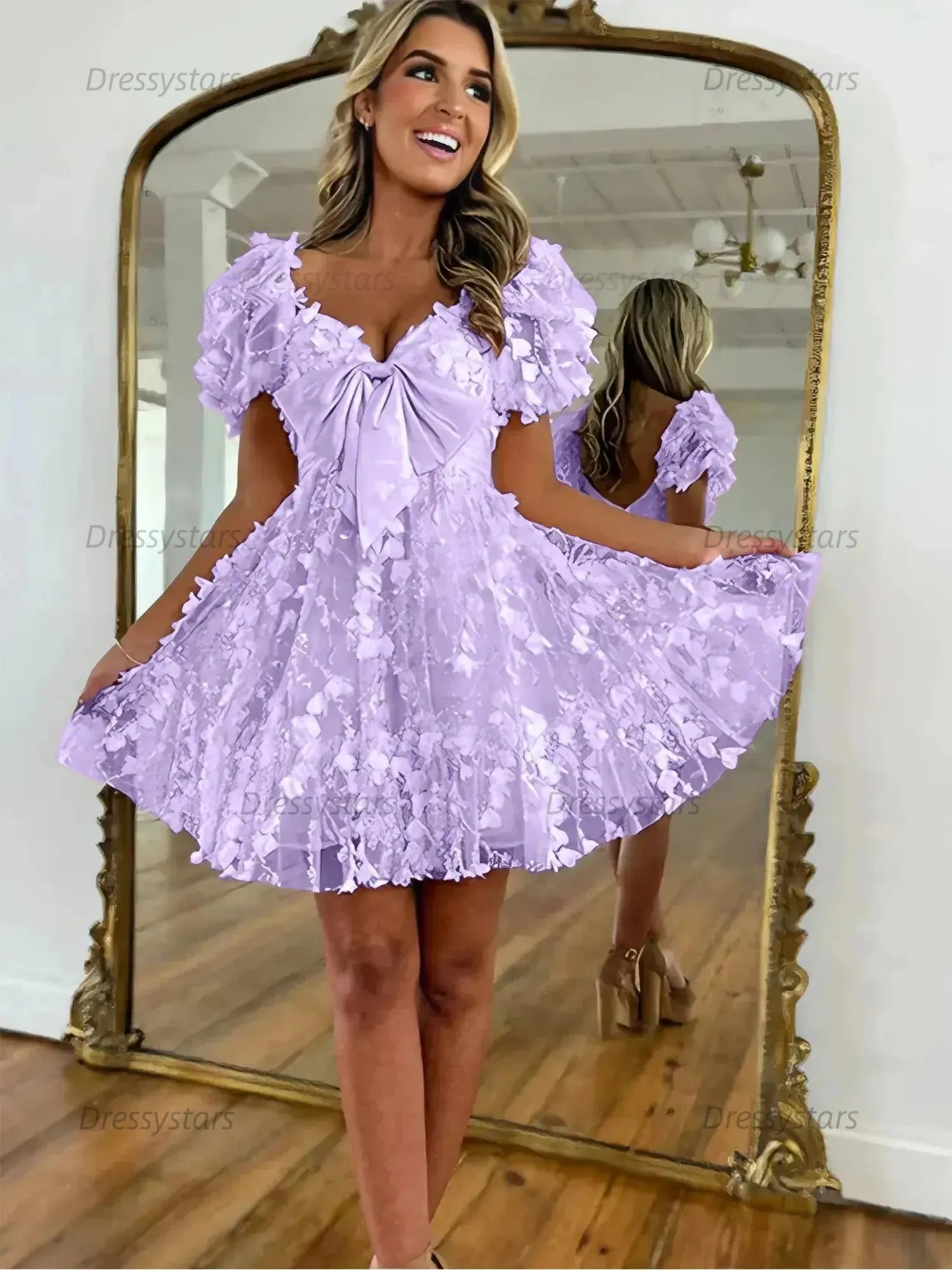 Dressystars A-Line Puff Sleeves Short Tulle Homecoming Dress With Bowknot