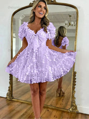 Dressystars A-Line Puff Sleeves Short Tulle Homecoming Dress With Bowknot