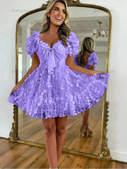 Dressystars A-Line Puff Sleeves Short Tulle Homecoming Dress With Bowknot