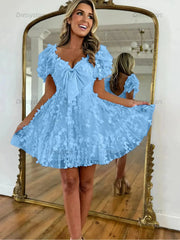 Dressystars A-Line Puff Sleeves Short Tulle Homecoming Dress With Bowknot