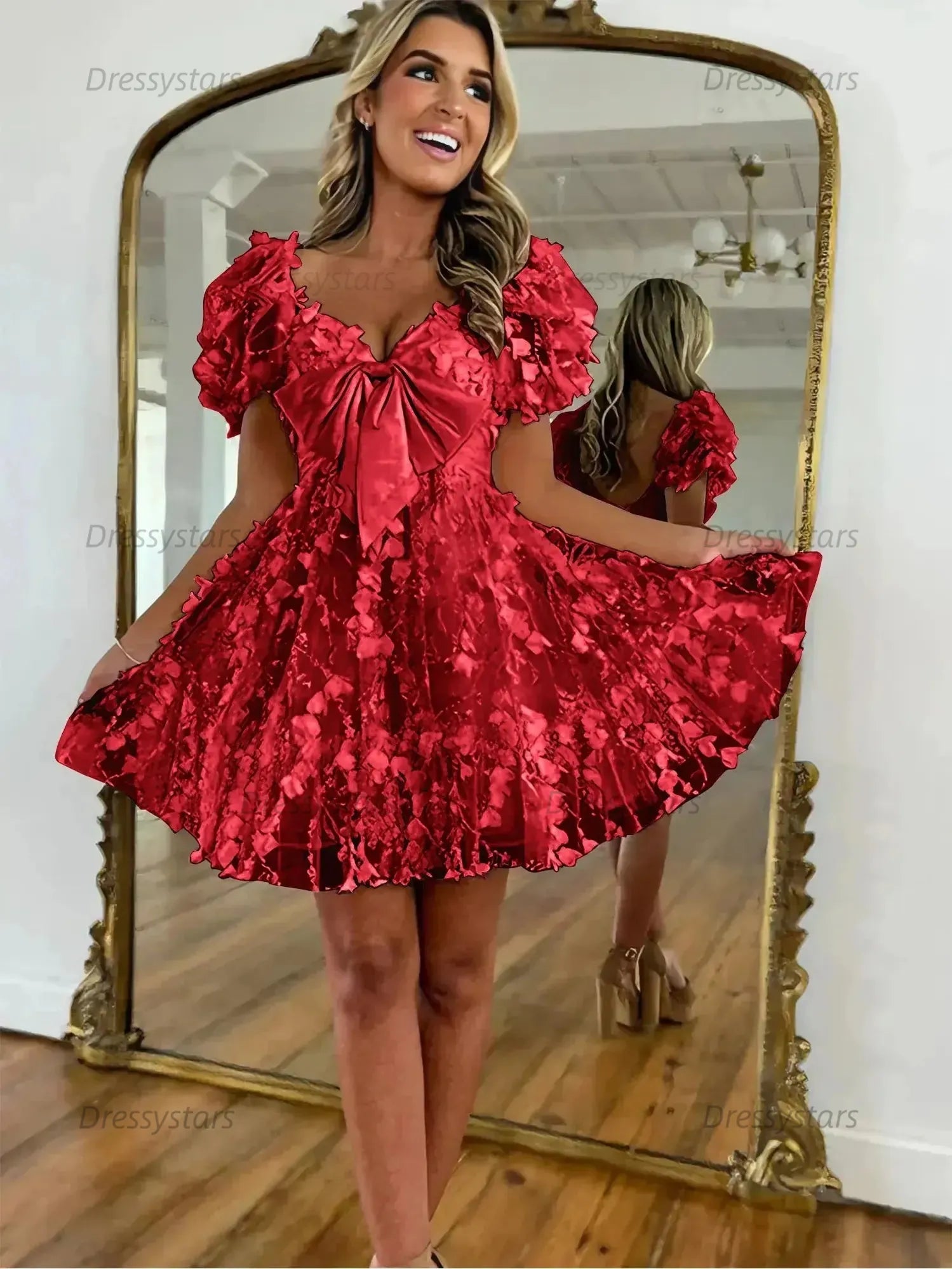 Dressystars A-Line Puff Sleeves Short Tulle Homecoming Dress With Bowknot