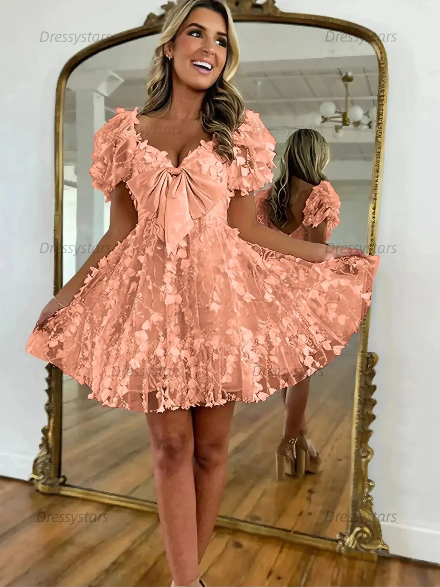 Dressystars A-Line Puff Sleeves Short Tulle Homecoming Dress With Bowknot