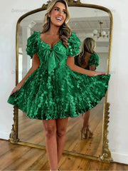 Dressystars A-Line Puff Sleeves Short Tulle Homecoming Dress With Bowknot