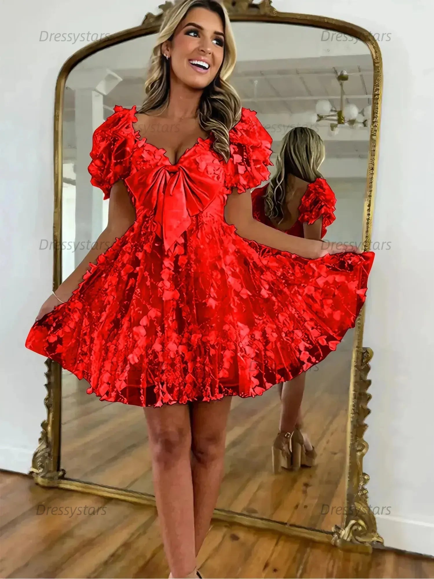 Dressystars A-Line Puff Sleeves Short Tulle Homecoming Dress With Bowknot