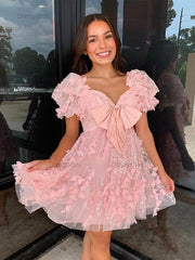 Dressystars A-Line Puff Sleeves Short Tulle Homecoming Dress With Bowknot