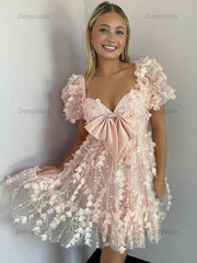 Dressystars A-Line Puff Sleeves Short Tulle Homecoming Dress With Bowknot