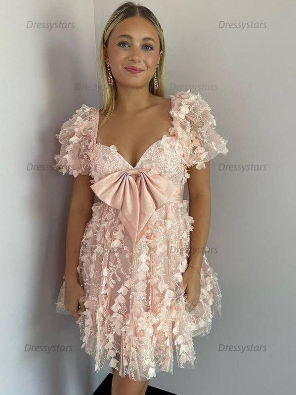 Dressystars A-Line Puff Sleeves Short Tulle Homecoming Dress With Bowknot