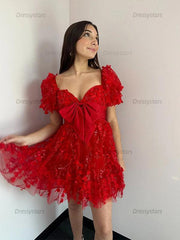 Dressystars A-Line Puff Sleeves Short Tulle Homecoming Dress With Bowknot