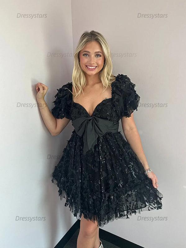 Dressystars A-Line Puff Sleeves Short Tulle Homecoming Dress With Bowknot