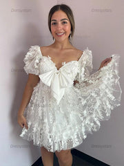 Dressystars A-Line Puff Sleeves Short Tulle Homecoming Dress With Bowknot