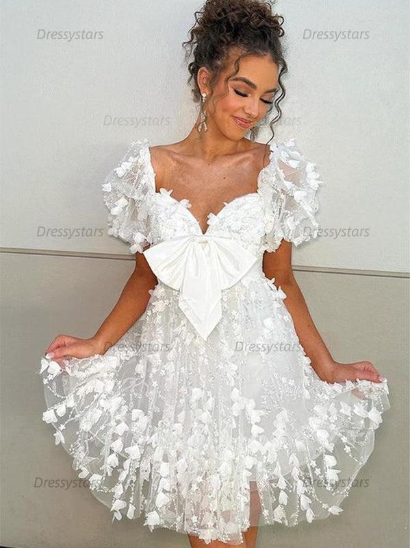 Dressystars A-Line Puff Sleeves Short Tulle Homecoming Dress With Bowknot