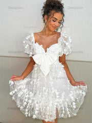 Dressystars A-Line Puff Sleeves Short Tulle Homecoming Dress With Bowknot