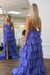 A-Line Purple Prom Dress Spaghetti Straps Ruffled Long Evening Dress with Slit