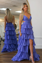 A-Line Purple Prom Dress Spaghetti Straps Ruffled Long Evening Dress with Slit