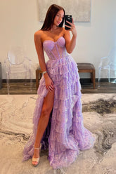 A Line Purple Prom Dress Strapless Tiered Long Evening Dress with Sequined