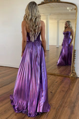 A Line Purple Prom Dress Sweetheart Metallic Pleated Long Evening Dress with Slit