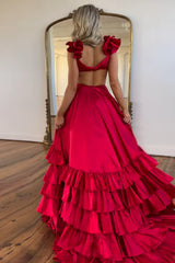 A Line Red Prom Dress Hollow Out Tiered Satin Long Evening Dress with Ruffles