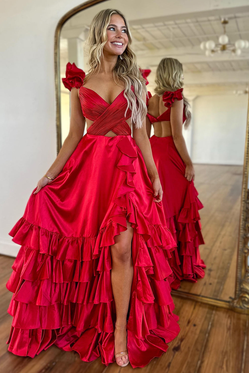 A Line Red Prom Dress Hollow Out Tiered Satin Long Evening Dress with Ruffles