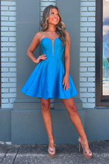 A-Line Royal Blue Homecoming Dresses Strapless Corset Short Cocktail Dresses with Sleeves
